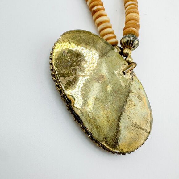 Carved Elephant Pendant Necklace Tribal Ethnic Organic Bead Brass Tone Statement - Picture 9 of 11